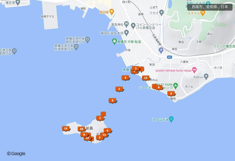 前島と西丸山海岸の石丁場跡